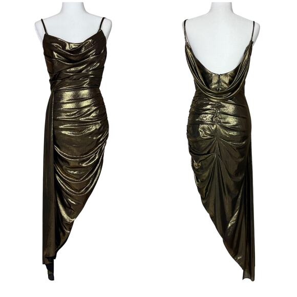 Mac Duggal NWT 27086 Asymmetric Ruched Midi Dress Cowl Neck Cowl Back Size 2 - Picture 1 of 7